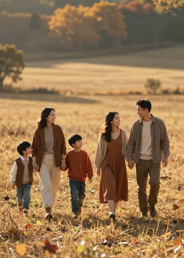A cinematic, wide-angle shot of a family of four walking through a sun-drenched autumn field. The lighting is warm and golden, casting long shadows. The family is dressed in neutral tones with hints of #C0766B terracotta. The mood is authentic and joyful.
