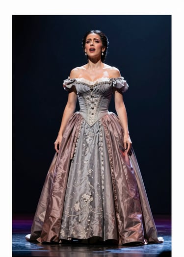 A dramatic full-length shot of Maylin Cruz on stage, captured mid-performance. She is wearing an elaborate, classical opera gown in shades of #C8B8B8 and #8D6A6A. Her expression is full of emotional depth. The lighting is a sharp spotlight against a dark #2B2D42 backdrop, reflecting grandeur.