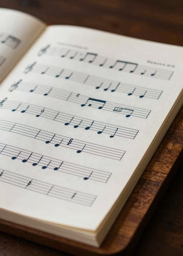 A refined close-up of a classical musical score for a soprano aria, resting on a polished dark wood stand. Soft, warm lighting highlighting the textures of the paper. Palette includes #F5F0EC and #2B2D42.