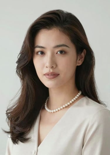 A graceful headshot of soprano Maylin Cruz, wearing a subtle pearl necklace, with a look of calm professionalism. The style is soft-focus and sophisticated, featuring #F5F0EC and #8D6A6A tones.