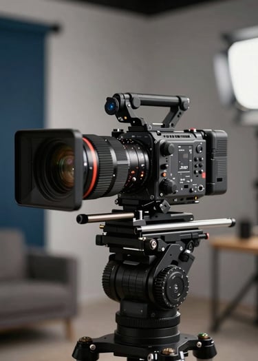High-end professional cinema camera mounted on a stabilization rig, set against a blurred creative studio background in Brazil, sophisticated lighting with hints of navy and charcoal.