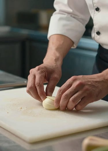 A close-up shot of professional food styling for a lifestyle video, featuring a chef's hands in a modern Brazilian kitchen. The lighting is crisp and cinematic, emphasizing textures with a palette of muted blue and off-white tones.