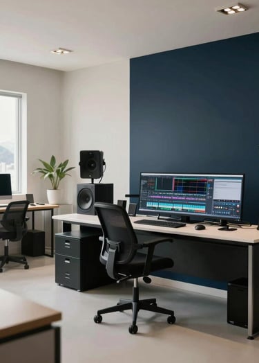 Cinematic wide shot of a creative studio in Rio de Janeiro, high-end editing workstations, minimalist decor with off-white and dark navy accents, professional atmosphere.