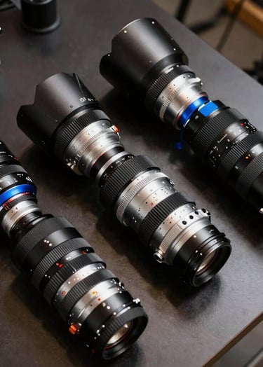 A top-down photographic view of professional film equipment and lenses arranged on a dark table in a creative studio. The lighting is soft and artistic, using steel blue accents to highlight the precision of the tools.