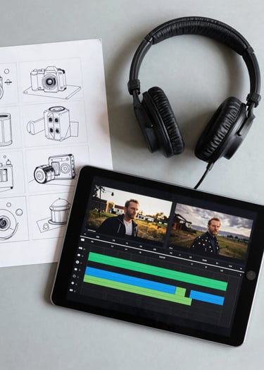 Top-down flat lay photography of a filmmaker's workspace including a storyboard, headphones, and a tablet showing a video timeline, clean composition on a light grey surface.