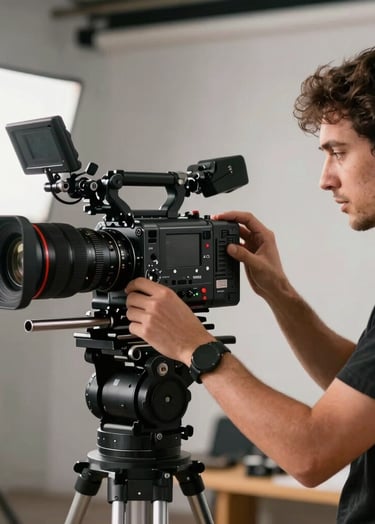 A professional cinematographer adjusting a lens on a high-end camera, South American film studio setting, sophisticated lighting, modern and professional atmosphere.