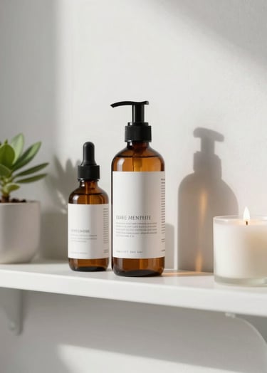 A minimalist bathroom shelf featuring skincare bottles, a small plant, and a pearl white candle, bright and clean professional photography.