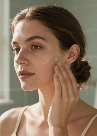 Vertical lifestyle shot of a woman with natural skin applying a clear serum drop to her cheek. Soft morning light from a side window creates a warm, personal glow. Background features Muted Sage bathroom accents and a Warm Off-White towel.