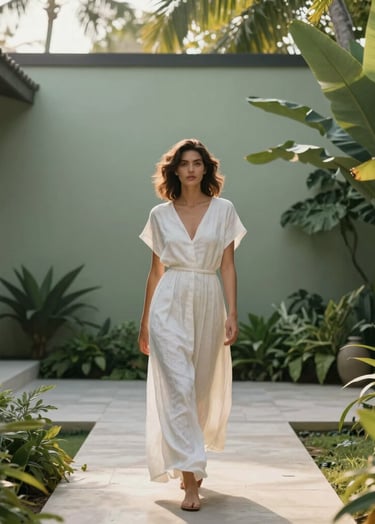 A high-resolution travel photograph of a woman in a mist white linen dress walking through a sage green tropical villa garden. Soft, warm morning light, minimalist composition, professional lifestyle photography style.