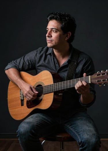 Full portrait of Alvaro Escobar sitting with his guitar in a dark space, cinematic lighting from the side, deep charcoal black environment, raw and authentic expression.