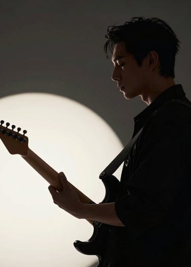 Cinematic side-profile portrait of a male musician holding an electric guitar in a dark studio. Soft off-white light highlights the silhouette against a dark charcoal background, creating a moody, sophisticated atmosphere.
