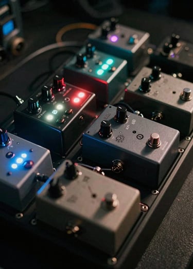 An overhead shot of an effects pedalboard with colorful lights glowing in a dark room. Gritty, authentic energy, captured with a cinematic shallow depth of field.