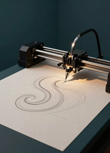 A minimalist studio shot of a high-end mechanical pen plotter drawing intricate, fluid curves on heavy off-white paper. The room is dimly lit with deep teal shadows, and a warm muted gold spotlight illuminates the precision of the moving pen. The aesthetic is sophisticated and innovative.