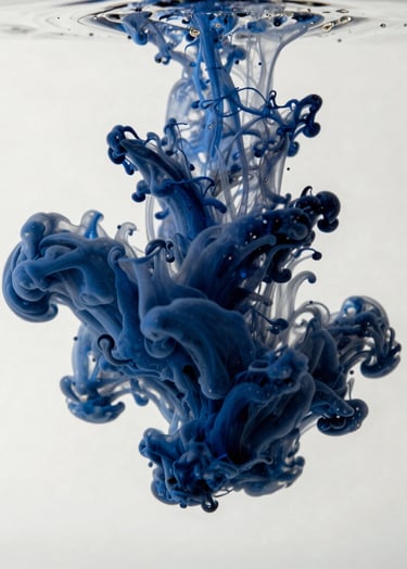 A top-down photograph of dark ink droplets dispersing in clear water, creating intricate, branch-like patterns in Deep Prussian Blue against a Soft Off-White void. Fluid and poetic.