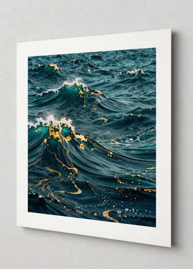 A professional studio photograph of a large-format fine art print resting against a Soft Alabaster White wall. The print features intricate, algorithmically generated waves in Deep Atlantic Teal and Burnished Gold. The paper has a visible heavy grain and premium matte finish.