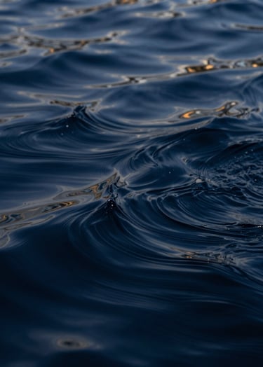 A sophisticated abstract photograph of swirling liquid forms in Midnight Navy and Deep Prussian Blue. The lighting is soft and contemplative, highlighting fluid ripples that look like data streams. Accents of Muted Gold shimmer within the liquid like caught light.