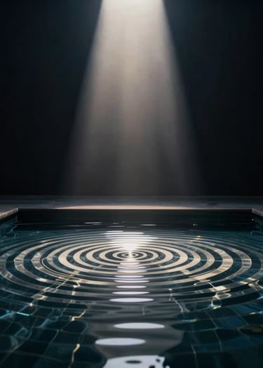 A high-end architectural photograph of a dark room where a single beam of light hits a pool of water, creating ripples that look like concentric geometric data patterns. The colors are deep midnight navy and soft off-white highlights. Cinematic, moody lighting.