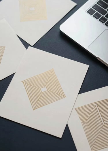 An artistic flat lay on a dark navy surface. Several off-white prints with muted gold geometric patterns are scattered next to a modern silver laptop. The atmosphere is one of creative, forward-thinking precision.