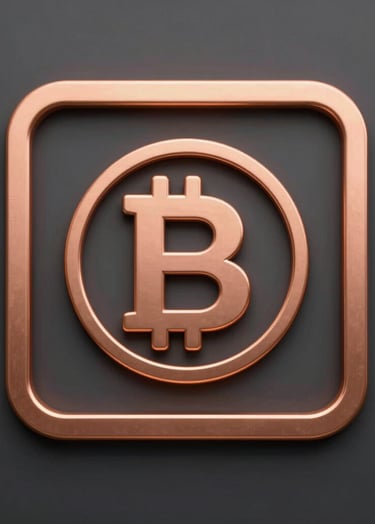 A metallic copper Bitcoin symbol icon enclosed in a square frame on a dark gray background.