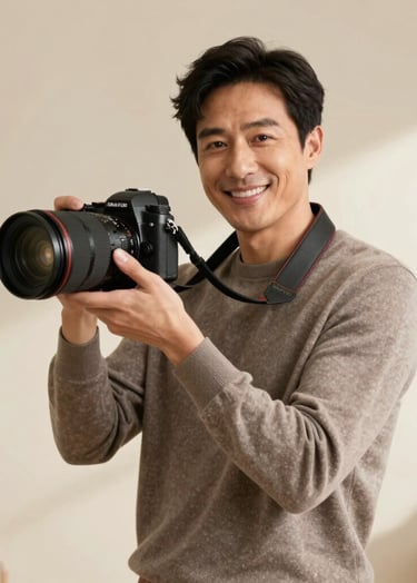 A warm, professional portrait of a friendly photographer in a North American / US setting. The photographer is wearing a taupe sweater and holding a high-end camera, standing against a soft cream background with elegant, natural side-lighting.