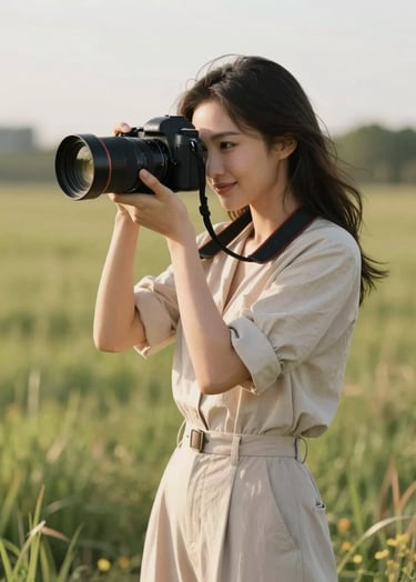 A candid photography shot of a professional female photographer with a camera, working in a sun-drenched North American meadow, dressed in elegant neutral tones, soft and approachable mood.