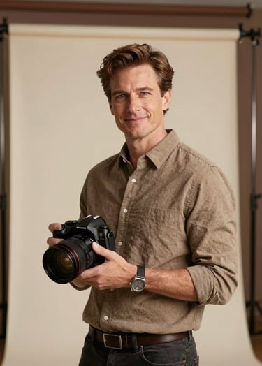 A professional portrait of a photographer in a well-lit North American studio. The aesthetic is sophisticated yet approachable, with a backdrop in soft Cream and Dark Brown accents. The lighting is warm and flattering, emphasizing a classic style.