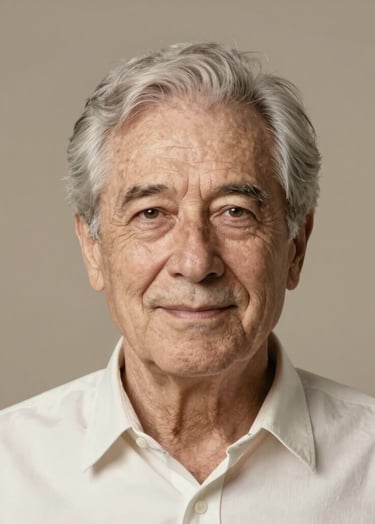 A classic studio headshot of a senior with a clean, modern aesthetic. Warm lighting, cream and taupe backdrop, professional composition, North American / US.