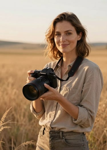 A professional photography portrait of a female photographer standing in a sun-drenched meadow in North American countryside. She has a warm smile and holds a modern camera. Golden hour lighting. The palette features sand and taupe tones.