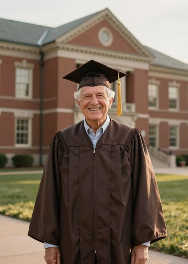 A joyful senior portrait taken in a North American collegiate setting. The subject is wearing a graduation gown in Muted Brown against a backdrop of classic brick architecture. The composition is a wide shot with soft, warm afternoon sunlight.