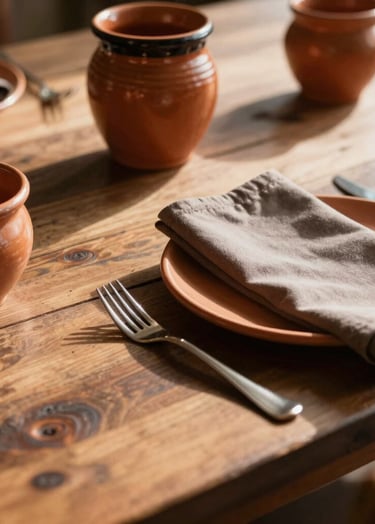 A detail shot of a rustic North American / US dinner table featuring terracotta-colored ceramics and muted earth brown napkins. Sun-drenched lighting creates long, cinematic shadows.