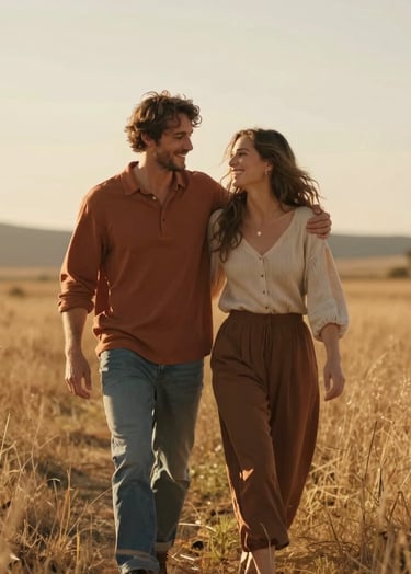 A cinematic, sun-drenched lifestyle portrait of a happy couple walking through a North American / US meadow at golden hour. The lighting is warm and hazy, illuminating the Soft Sand and Terracotta tones in their casual but stylish clothing. Shallow depth of field.