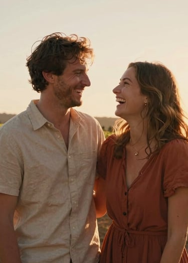 A vertical cinematic portrait of a happy couple laughing together in a North American / US vineyard at sunset. The lighting is sun-drenched with warm terracotta and soft sand highlights, emphasizing authentic human emotion.