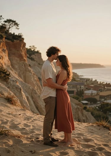 A cinematic photograph of a North American / US couple embracing on a cliffside at sunset, soft warm sand tones, golden light, and earthy terracotta clothing accents.