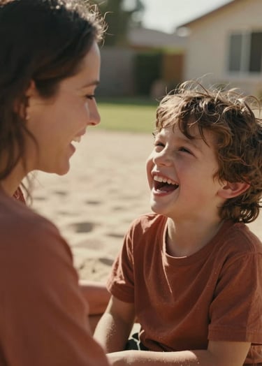 A close-up candid photography shot of a mother and child laughing together in a sun-drenched North American / US home backyard. Soft sand highlights and warm terracotta tones in their clothing, cinematic shallow depth of field, authentic emotional connection.