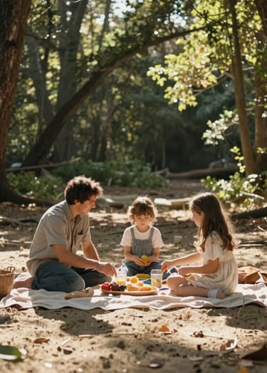 A family picnic on a soft sand colored blanket in a North American / US forest clearing. Sun-drenched light filtering through trees, creating a warm and inviting atmosphere, candid and authentic interaction.