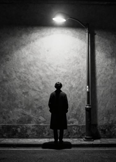 A cinematic vertical poster shot in Deep Obsidian Black and Soft Alabaster White. A person in a long coat stands under a single streetlamp light in a Charcoal Grey alleyway. High contrast, heavy shadows, film grain texture.
