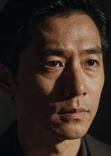 A cinematic close-up portrait of a man, lit from the side to create deep charcoal shadows. The focus is sharp on the eyes, with the background dissolving into midnight black. Professional film grain aesthetic.