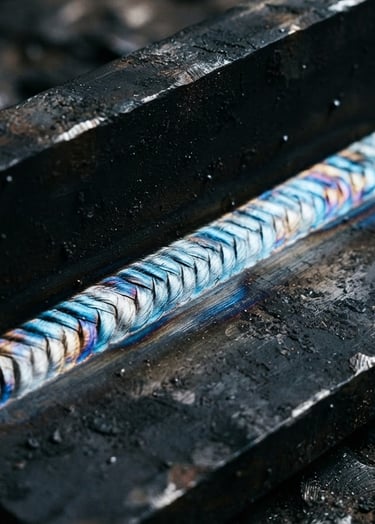 Macro shot of a clean, professional welding bead on thick black steel, cool steel tones with bright electric blue highlights, industrial documentary photography, 35mm