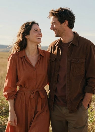 A lifestyle portrait of a couple standing together in a sun-drenched North American field. They are looking at each other and laughing naturally, dressed in warm terracotta and deep brown tones. The composition is cinematic and storytelling-focused.