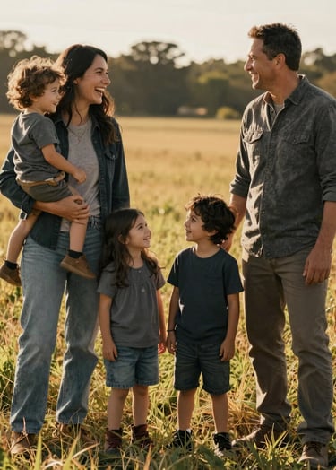 Cinematic lifestyle photography of a North American family laughing together in a sun-drenched meadow. Soft lighting with warm gold and charcoal tones in their clothing, capturing an authentic moment of connection.