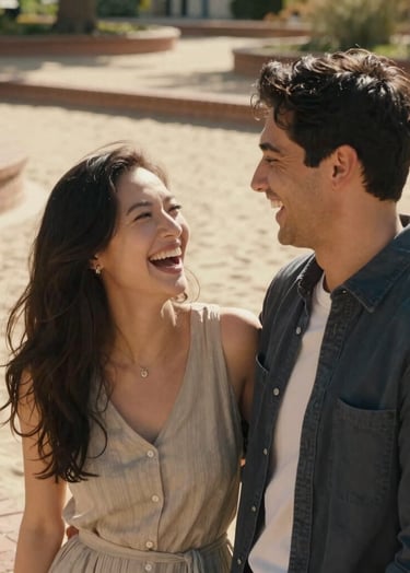 A medium shot of a couple laughing authentically during an engagement session in a North American park. The lighting is bright and warm, reflecting a cinematic lifestyle aesthetic. The background features soft sand colored paths and terracotta brickwork, highlighting the sun-drenched environment.