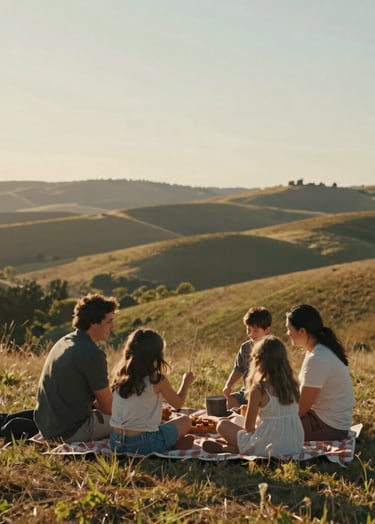 A cinematic, wide-angle photo of a family picnic in a North American rolling hills environment. Sun-drenched lighting at sunset creates a warm and authentic atmosphere with visible joy and storytelling depth.