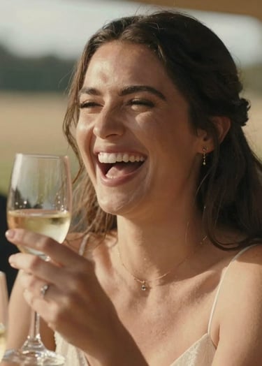 A candid close-up portrait of a woman laughing joyfully during a toast at a wedding. Cinematic lighting with warm sun-drenched tones, North American outdoor setting, soft bokeh background with charcoal and soft sand highlights.