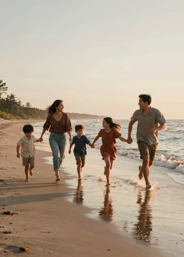 A candid cinematic photograph of a North American / US family running along a sandy shoreline at dusk. The lighting is warm and sun-drenched, reflecting Soft Sand and Terracotta tones. Authentic interactions evoke a sense of freedom.