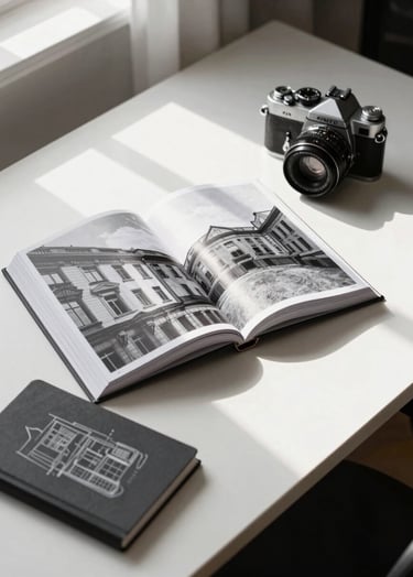 A top-down studio shot of a clean, modern desk in a room with soft morning light. An open hardcover book shows professional black and white architectural photography. Beside the book is a vintage film camera and a small charcoal-colored notebook with soft sage-colored sketches of building facades.