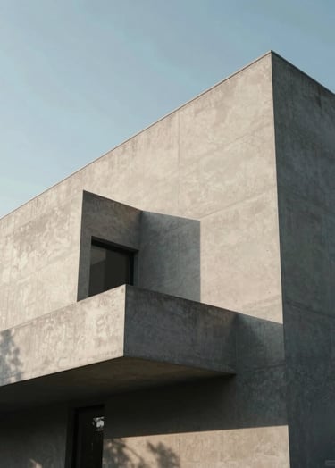 Low angle photography of a modernist concrete building facade. The sharp geometric shapes create deep charcoal shadows against soft off-white mist exterior walls. The composition is clean and architectural, highlighting professional design under a clear afternoon sky.