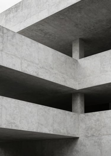 Sophisticated architectural photograph of a minimalist concrete structure. The lighting is soft and diffuse, highlighting the mist white and charcoal black textures of the building. Sharp lines and intellectual composition.