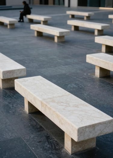 A wide photography shot of a minimalist public plaza. Pale stone benches in soft off-white mist contrast with a dark charcoal pavement. A lone figure sits in the distance, emphasizing the scale of the intellectual design.