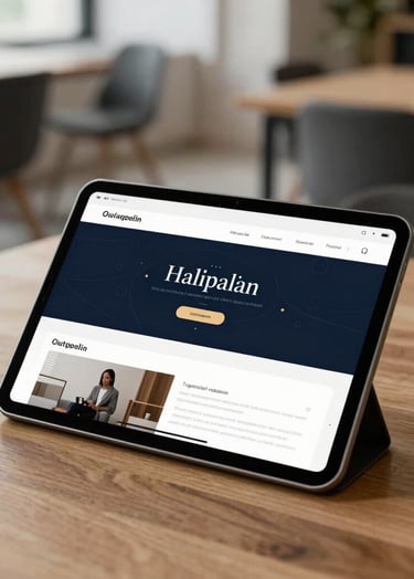 A sleek tablet displaying a mobile app interface with clean, modern UI design, resting on a minimalist wooden table in an International / Western co-working space. The screen shows a brand aesthetic dominated by dark charcoal navy.