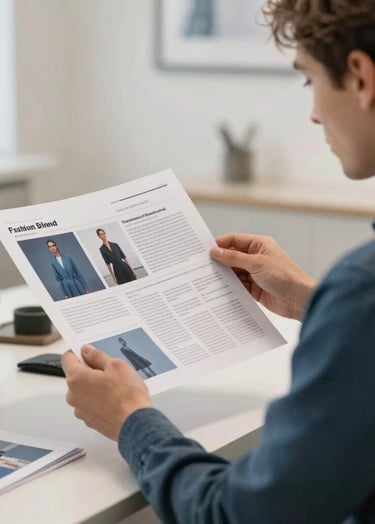 A professional graphic designer in a modern International / Western office studio, reviewing high-quality printed brand guidelines for a fashion brand. The lighting is soft and professional, with hints of Steel Blue and Soft Off-White in the background décor.